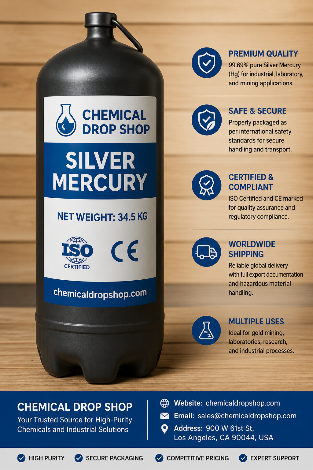Hydrargyrum, Quicksilver,  CAS №7439–97–6 Silver Liquid 99.999% Mercury Hg